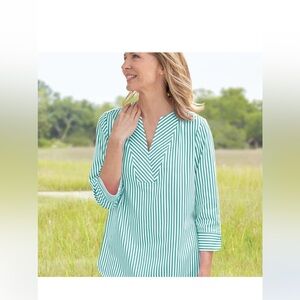 Foxcroft Appleseeds Tunic Top Womens Plus Size‎ 18W Blue Striped 3/4 Sleeve